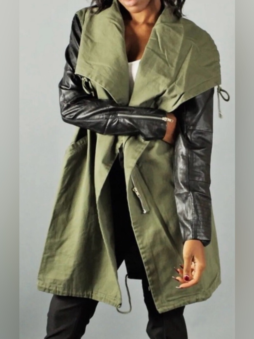 Love Destroyed Olive Green coat Coat with Black Faux Leather Sleeves